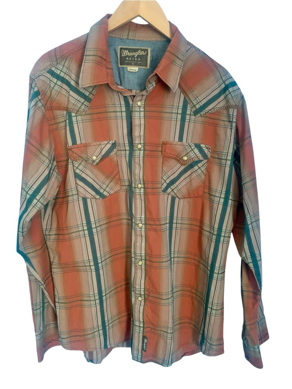 Wrangler Retro Blue Terracotta Plaid Pearl Snap Button Western Shirt Size XL